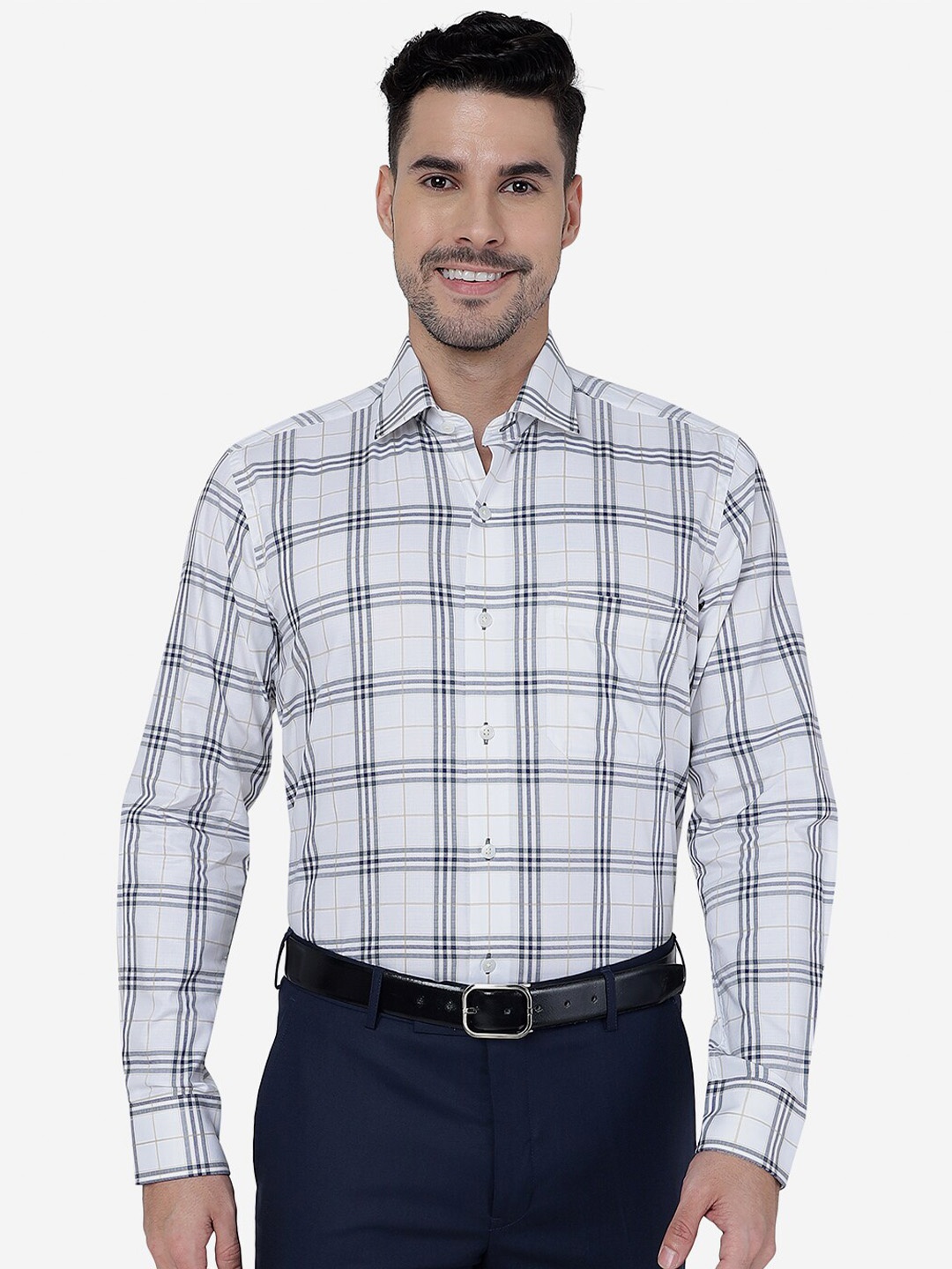 

METAL Slim Fit Tartan Checked Pure Cotton Formal Shirt, White