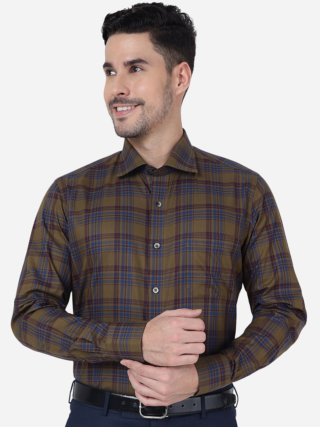 

METAL Slim Fit Opaque Checked Pure Cotton Formal Shirt, Khaki