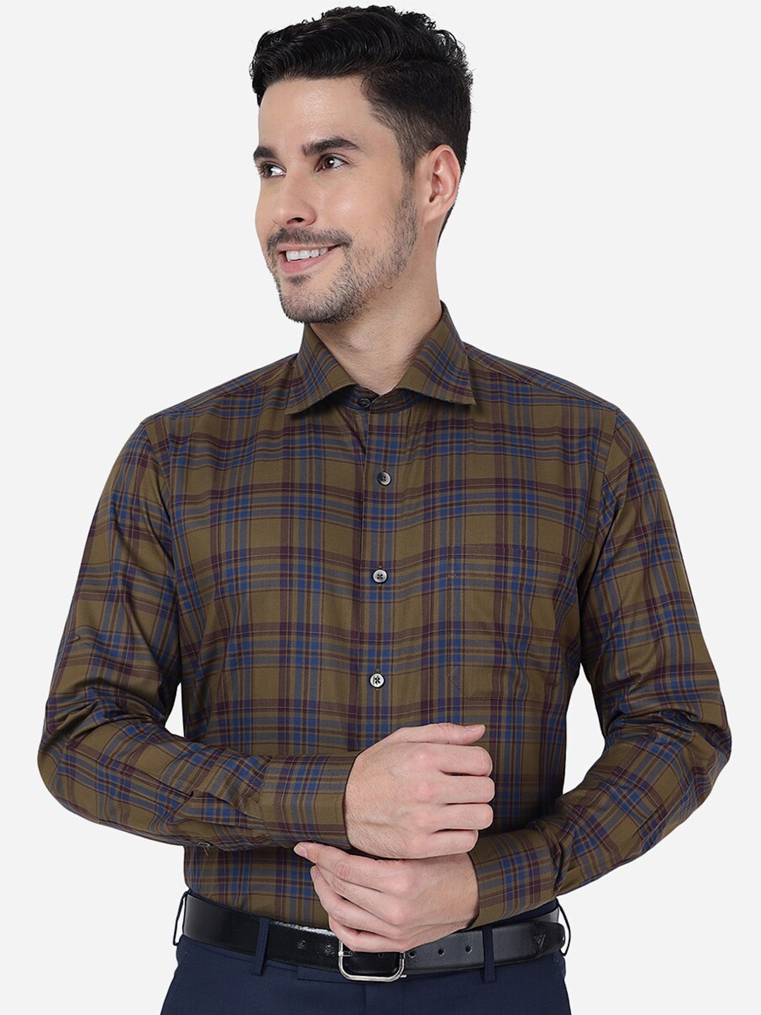 

METAL Slim Fit Tartan Checked Formal Cotton Shirt, Khaki