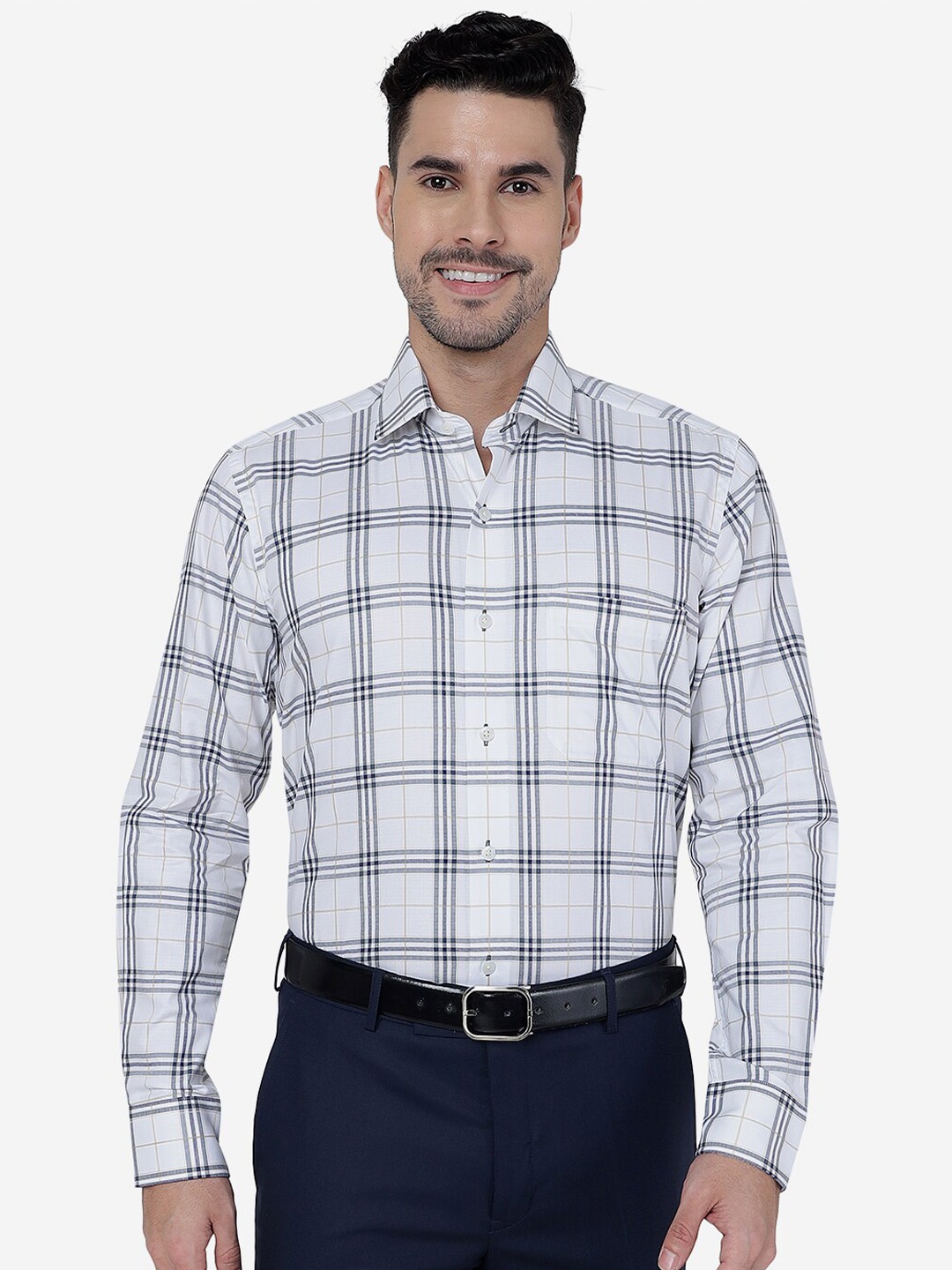 

METAL Slim Fit Opaque Checked Pure Cotton Formal Shirt, White