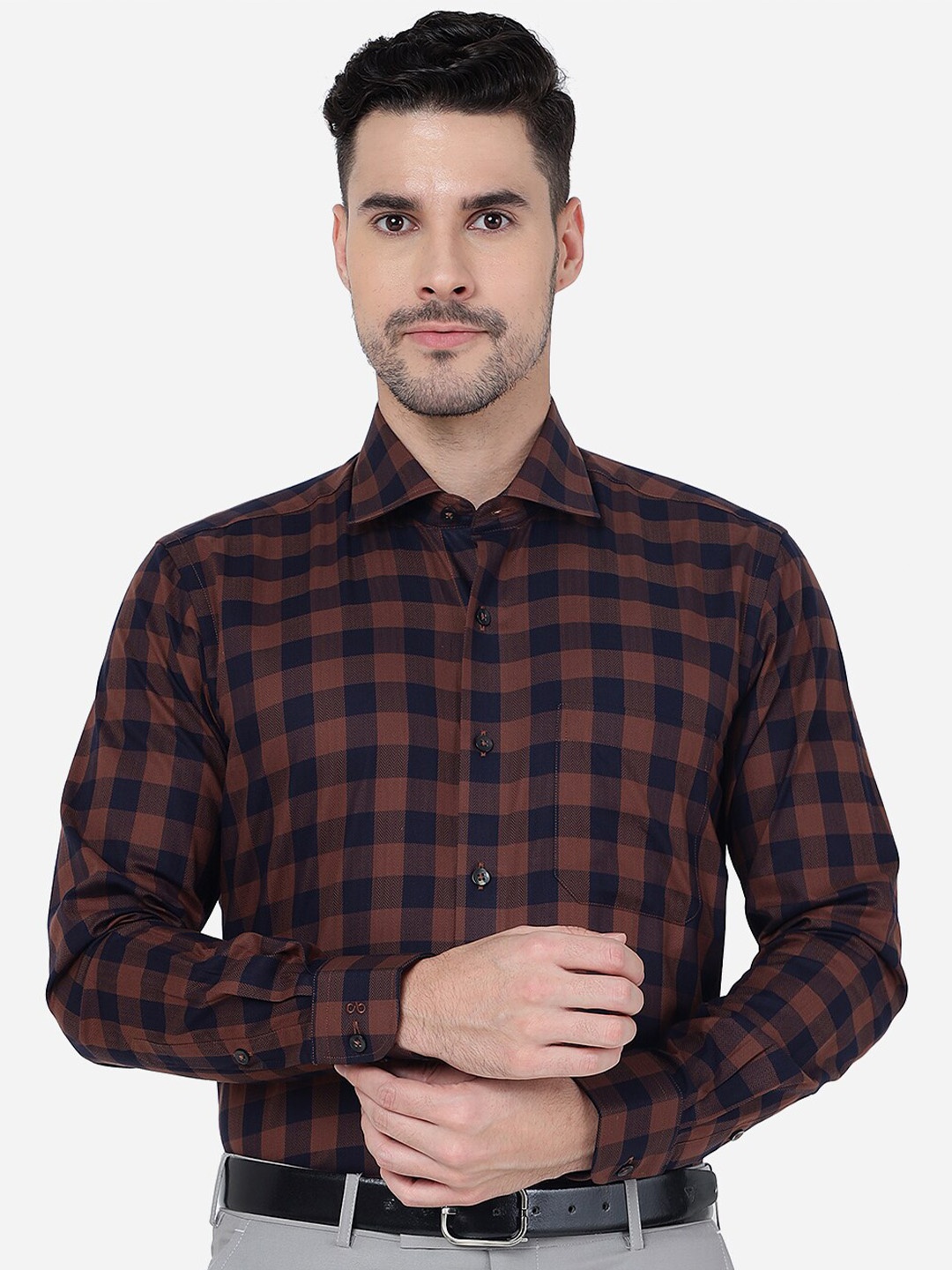 

METAL Checked Slim Fit Pure Cotton Formal Shirt, Rust