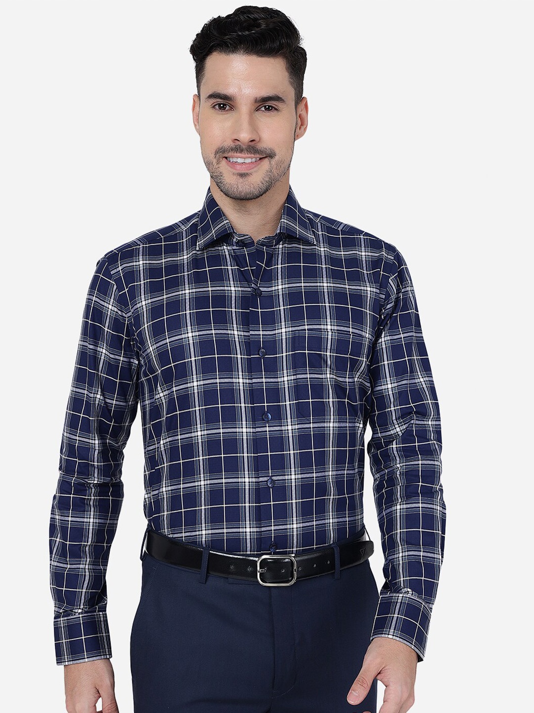 

METAL Slim Fit Tartan Checked Formal Cotton Shirt, Navy blue