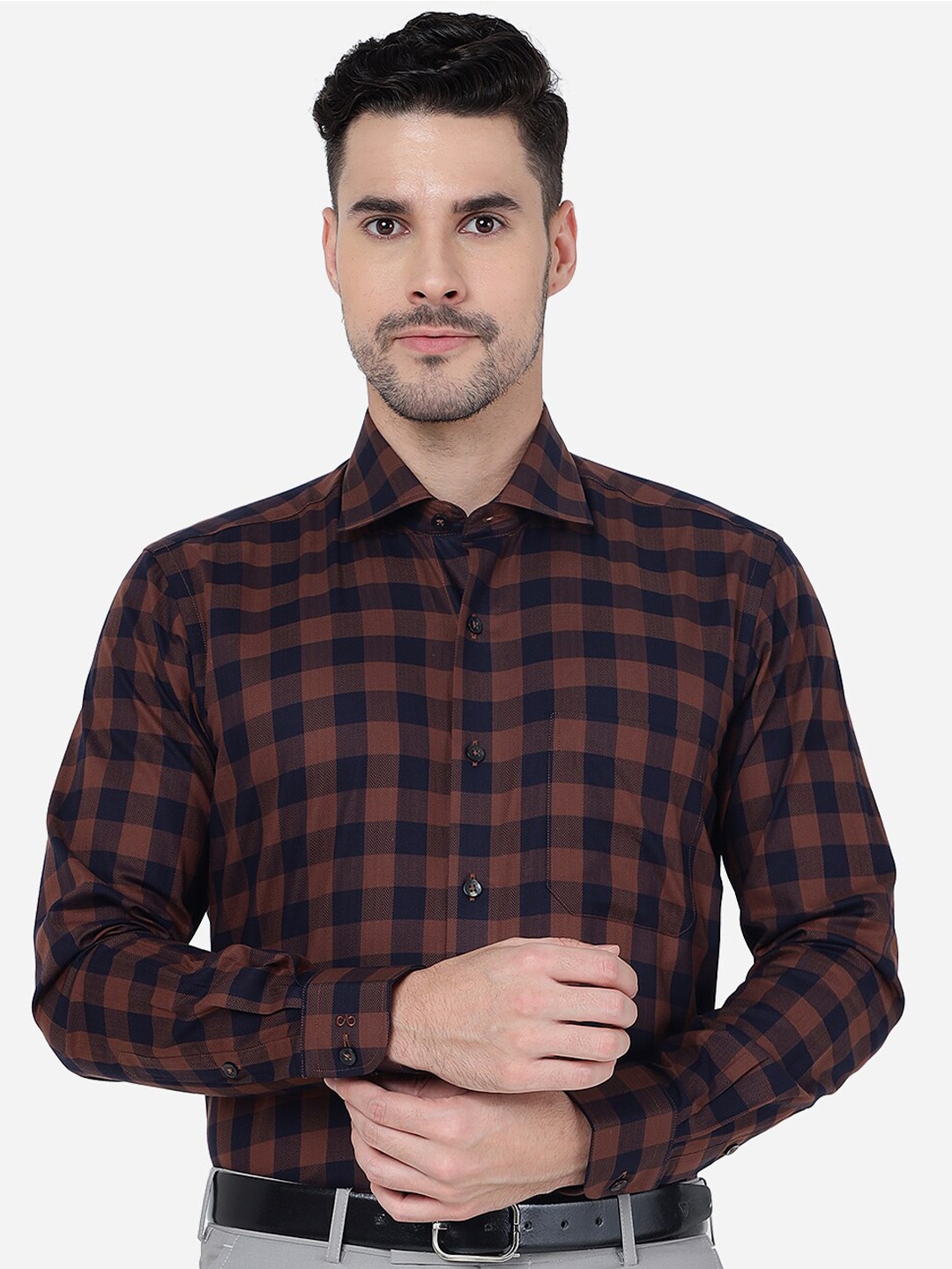 

METAL Slim Fit Tartan Checked Pure Cotton Formal Shirt, Rust