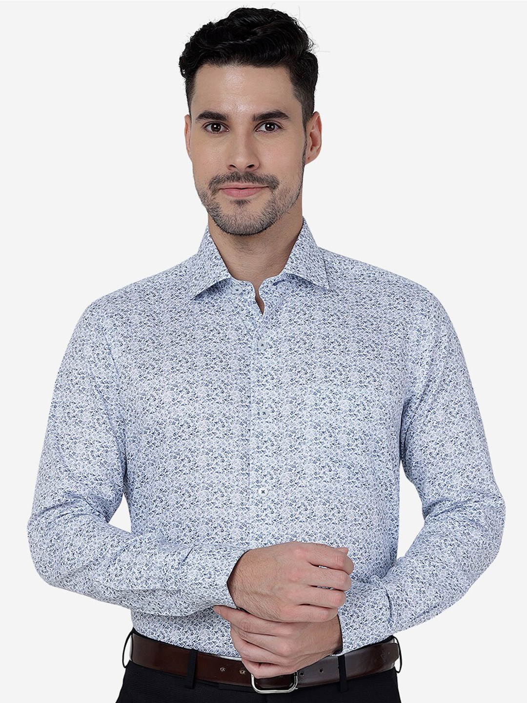 

METAL Slim Fit Floral Opaque Printed Pure Cotton Formal Shirt, Blue