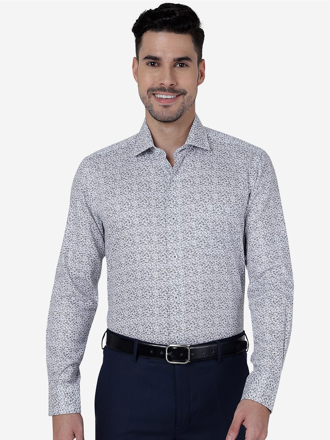 METAL Slim Fit Floral Opaque Printed Pure Cotton Formal Shirt, Grey