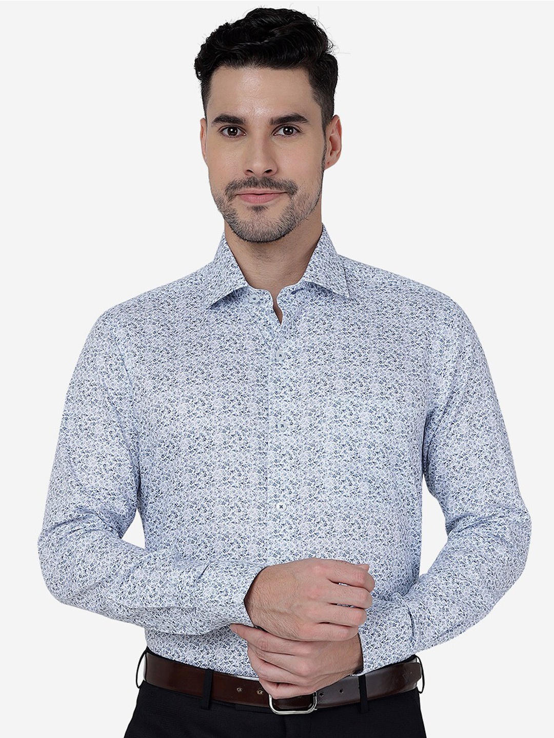 

METAL Slim Fit Floral Opaque Printed Pure Cotton Formal Shirt, Blue
