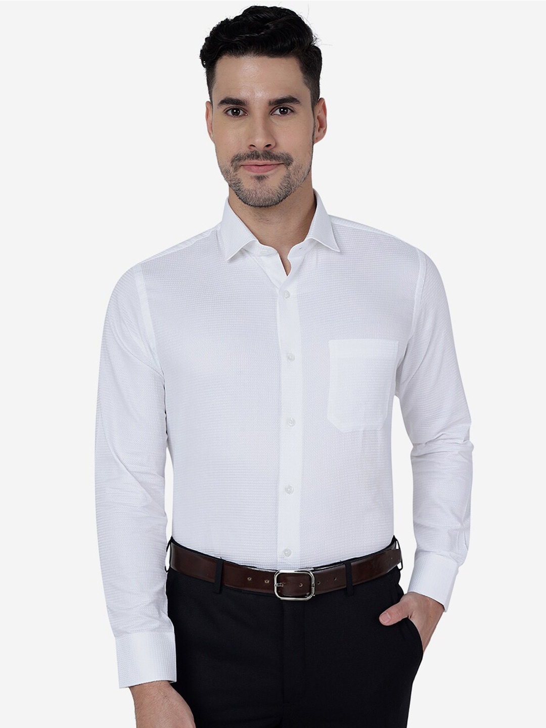 

METAL Self Design Textured Slim Fit Pure Cotton Formal Shirt, White