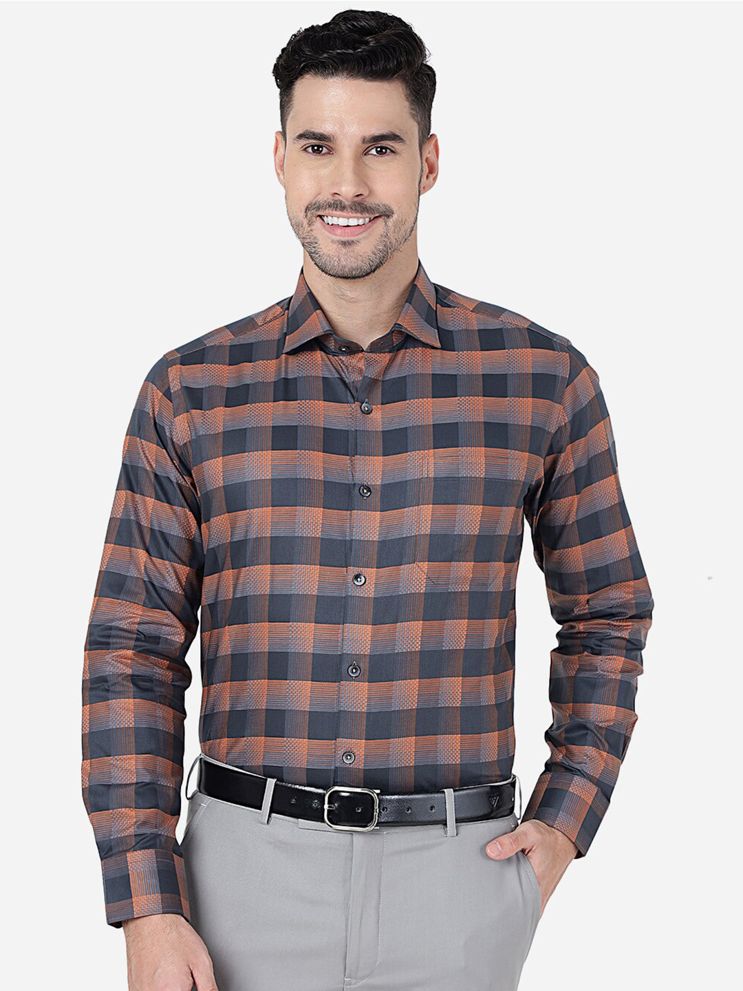 

METAL Checked Slim Fit Pure Cotton Formal Shirt, Orange