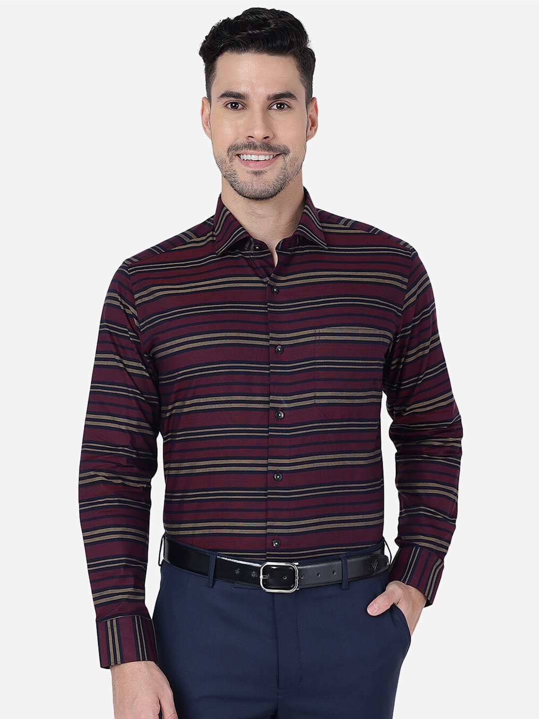 

METAL Horizontal Striped Slim Fit Pure Cotton Formal Shirt, Maroon