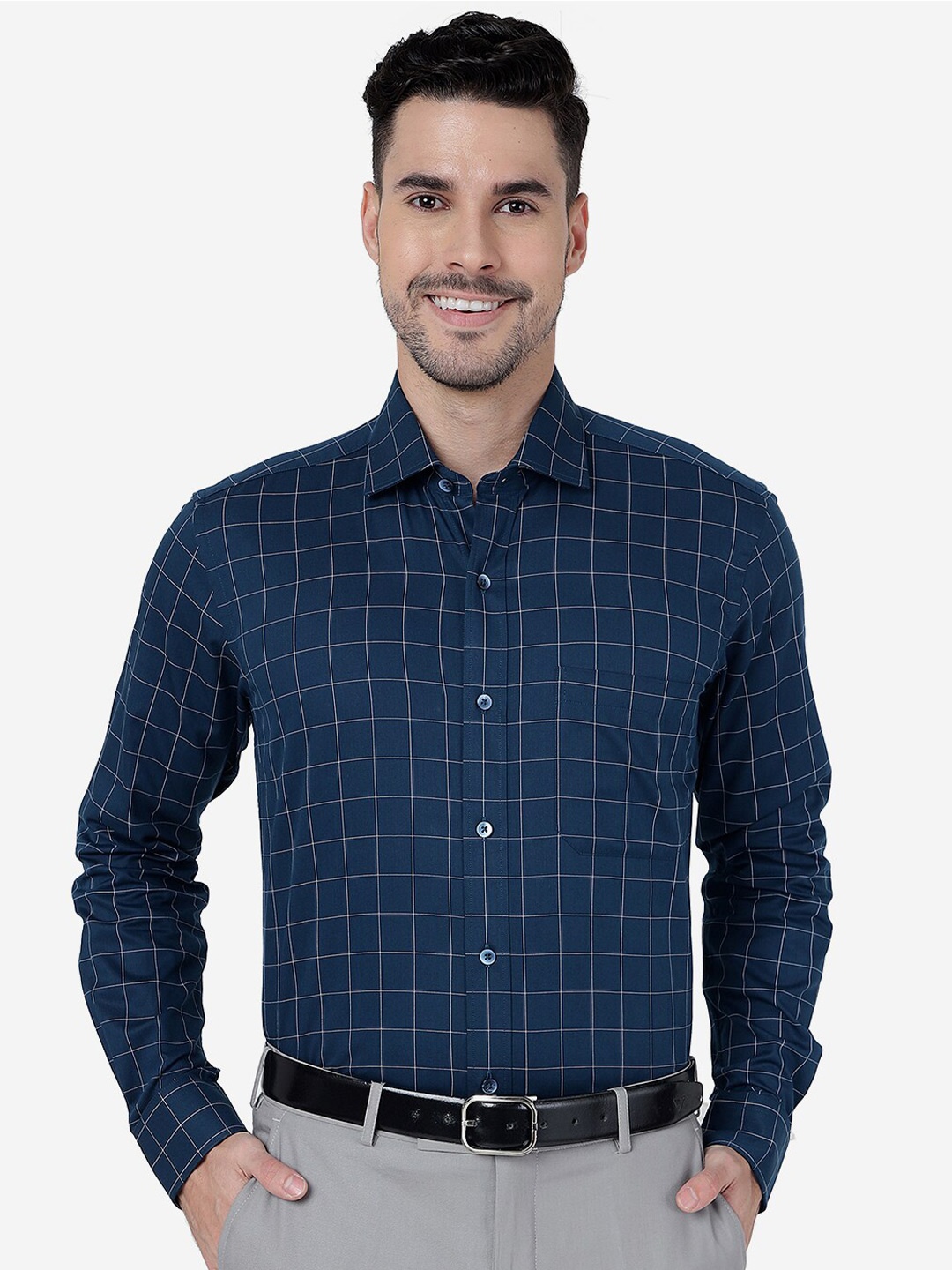 

METAL Slim Fit Grid Tattersall Checked Pure Cotton Formal Shirt, Blue