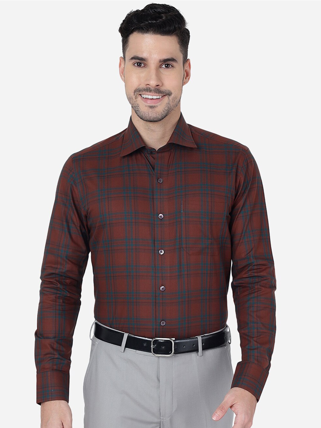

METAL Checked Slim Fit Pure Cotton Formal Shirt, Rust