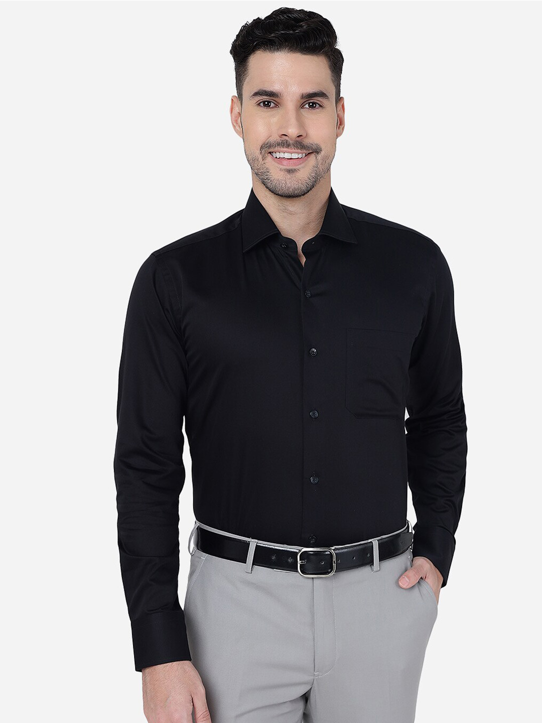 

METAL Slim Fit Spread Collar Formal Cotton Shirt, Black