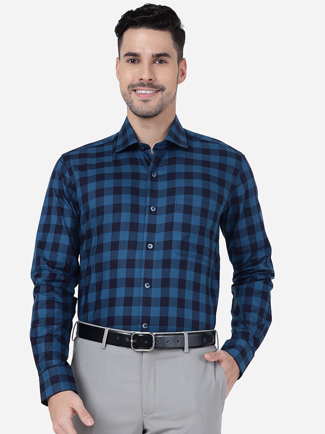 

METAL Slim Fit Tartan Checked Pure Cotton Formal Shirt, Blue