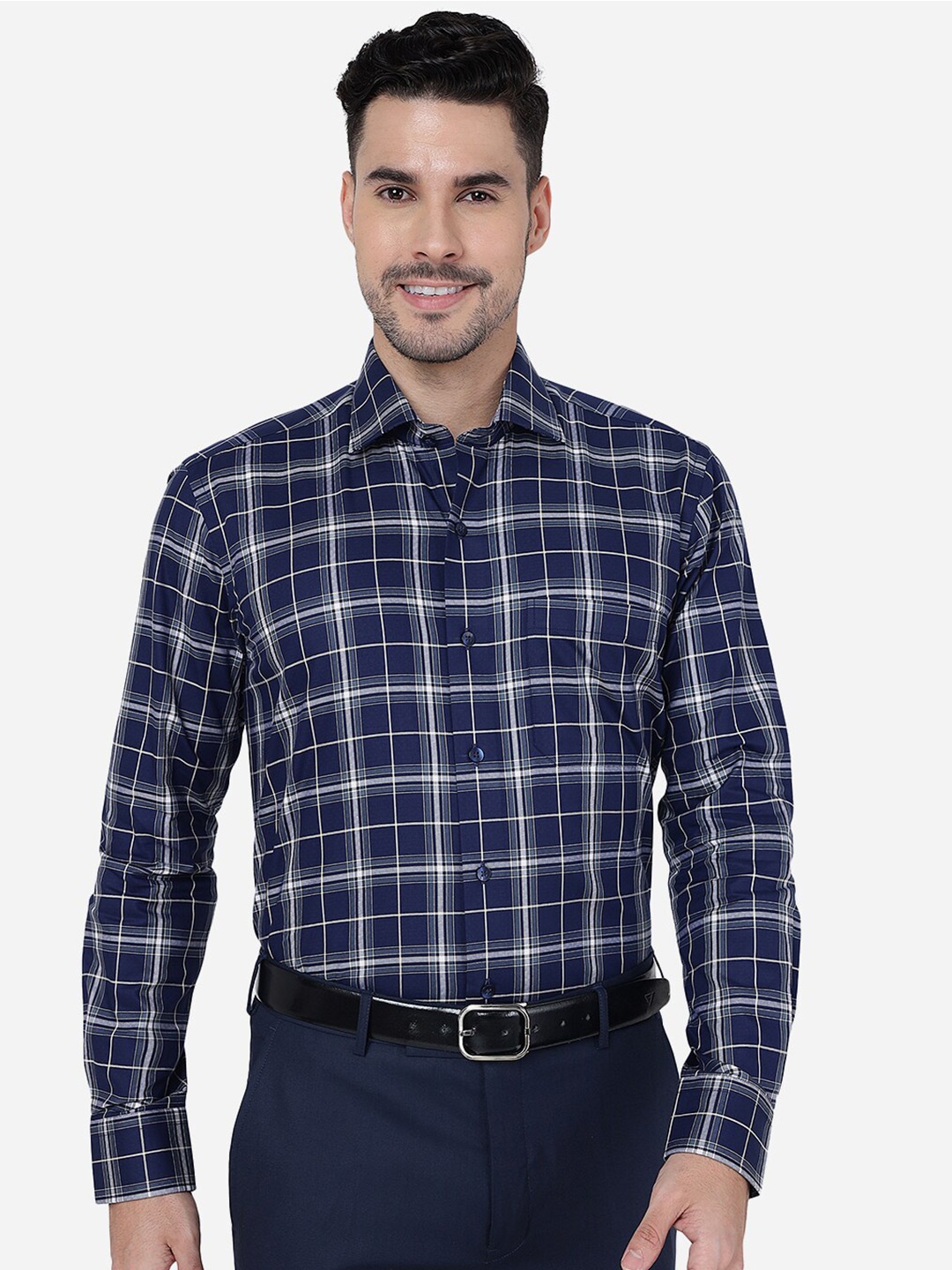 

METAL Slim Fit Tartan Checked Pure Cotton Formal Shirt, Blue