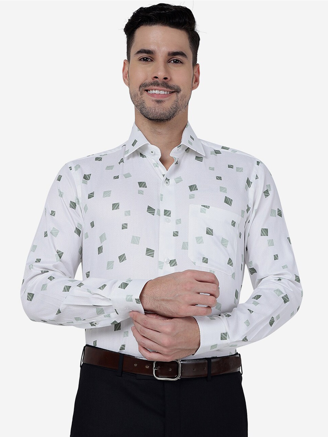 

METAL Geometric Printed Slim Fit Pure Cotton Formal Shirt, White