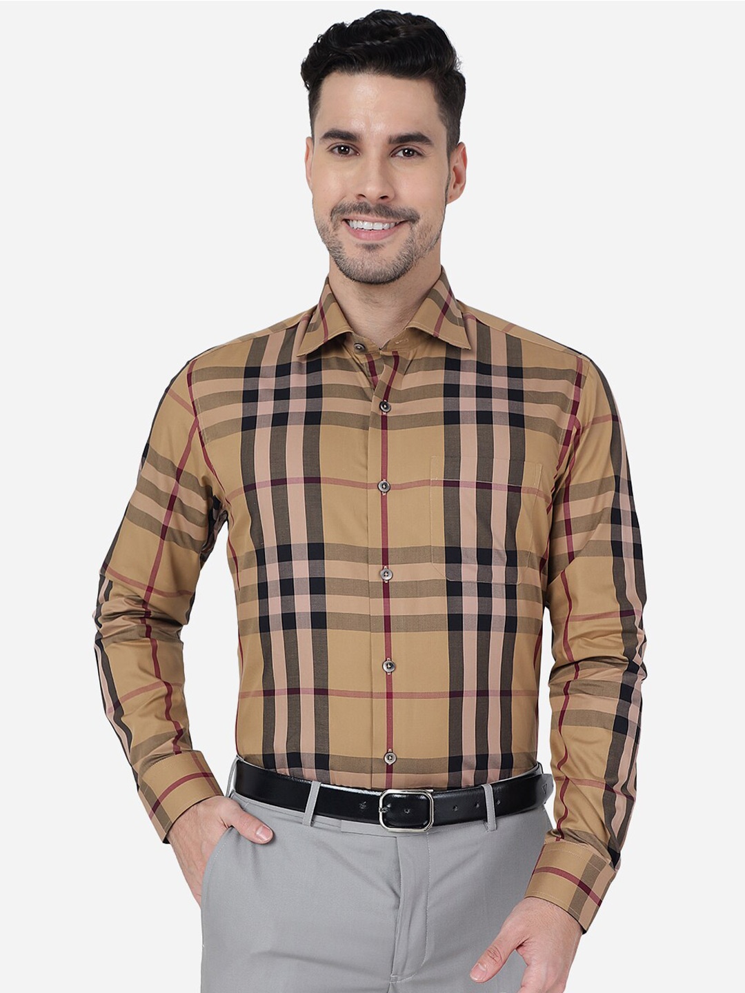 

METAL Slim Fit Tartan Checked Formal Cotton Shirt, Khaki