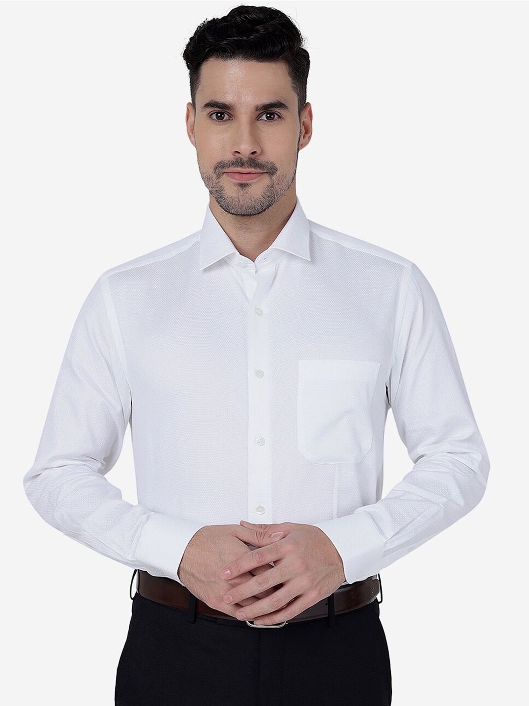 

METAL Slim Fit Spread Collar Formal Cotton Shirt, White