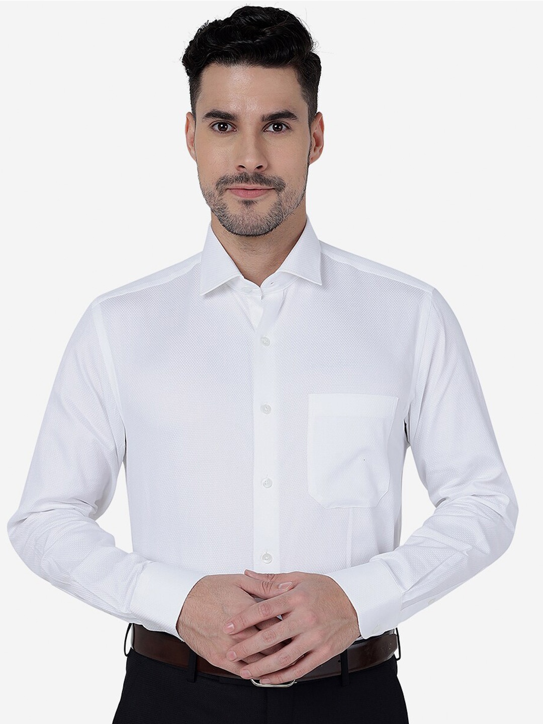 

METAL Slim Fit Spread Collar Formal Cotton Shirt, White