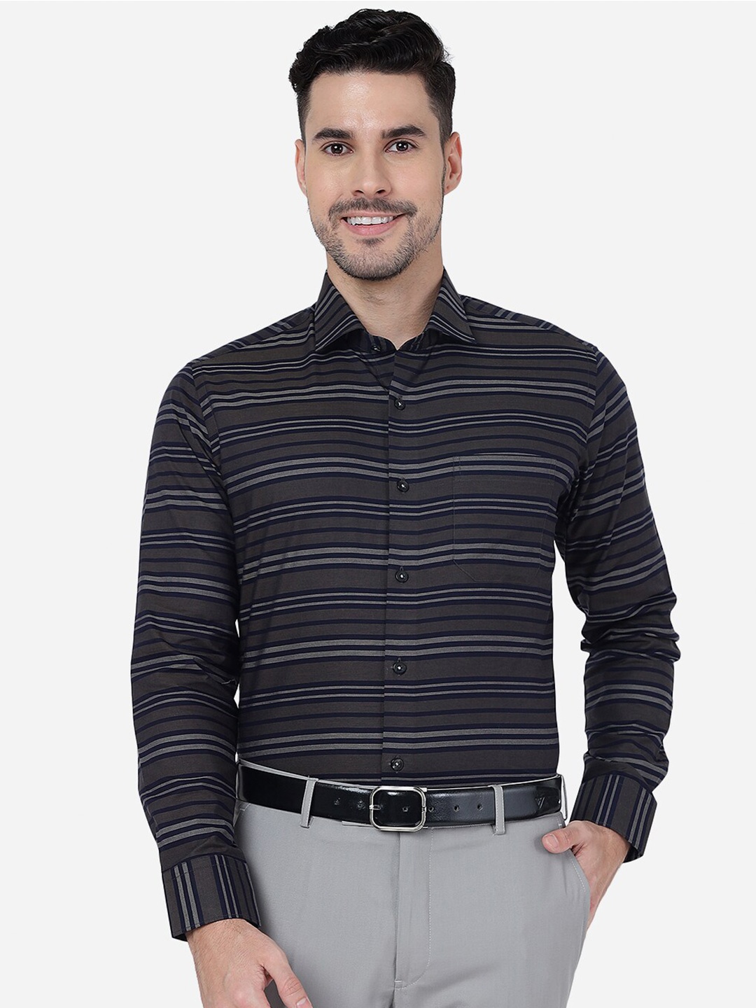 

METAL Horizontal Striped Slim Fit Pure Cotton Formal Shirt, Grey