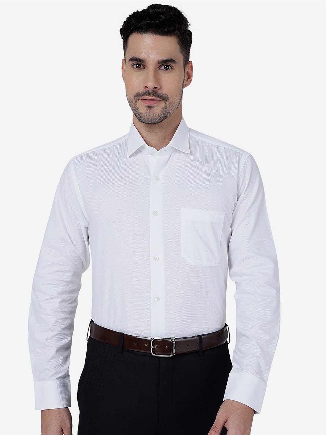 

METAL Self Design Textured Slim Fit Pure Cotton Formal Shirt, White