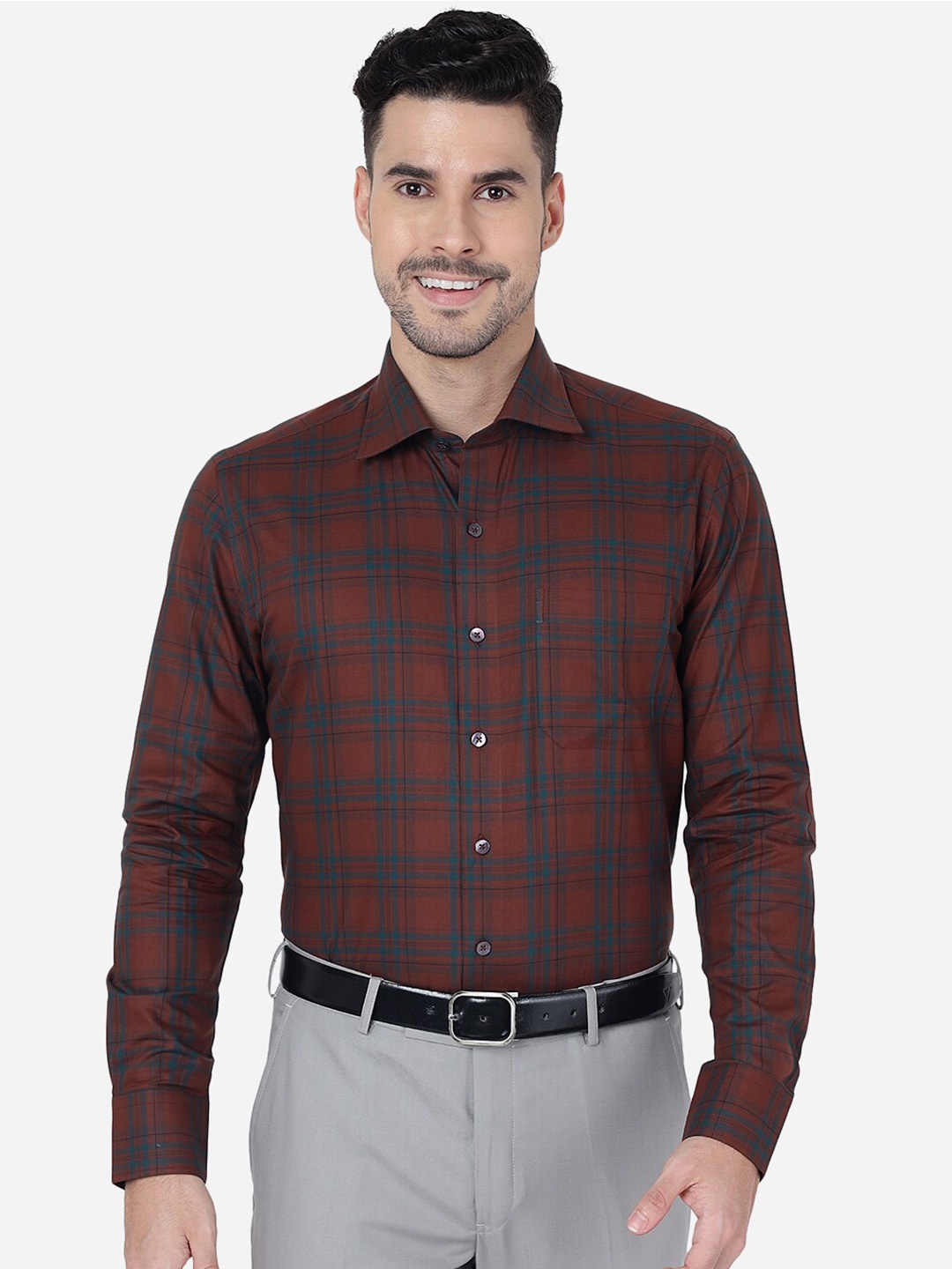 

METAL Slim Fit Tartan Checked Pure Cotton Formal Shirt, Rust