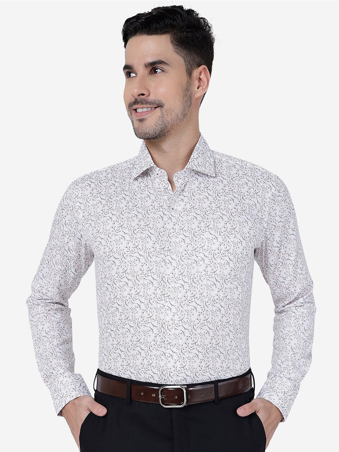 

METAL Slim Fit Floral Opaque Printed Pure Cotton Formal Shirt, White