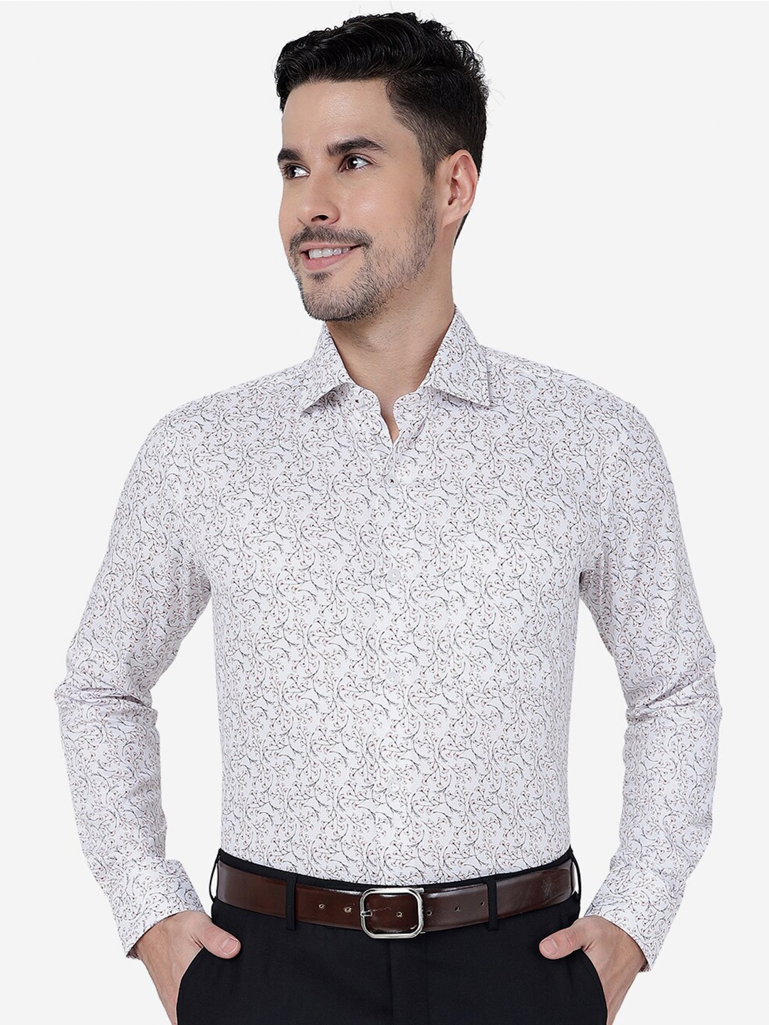 

METAL Floral Printed Slim Fit Pure Cotton Formal Shirt, White