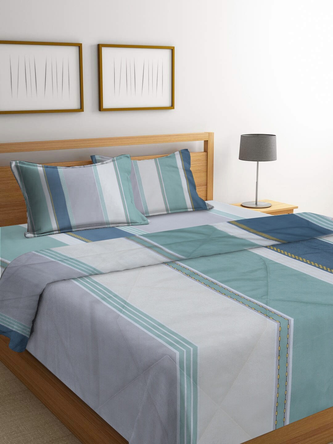 

homewards Green & Blue Striped AC Room 150 GSM Double Bed Comforter