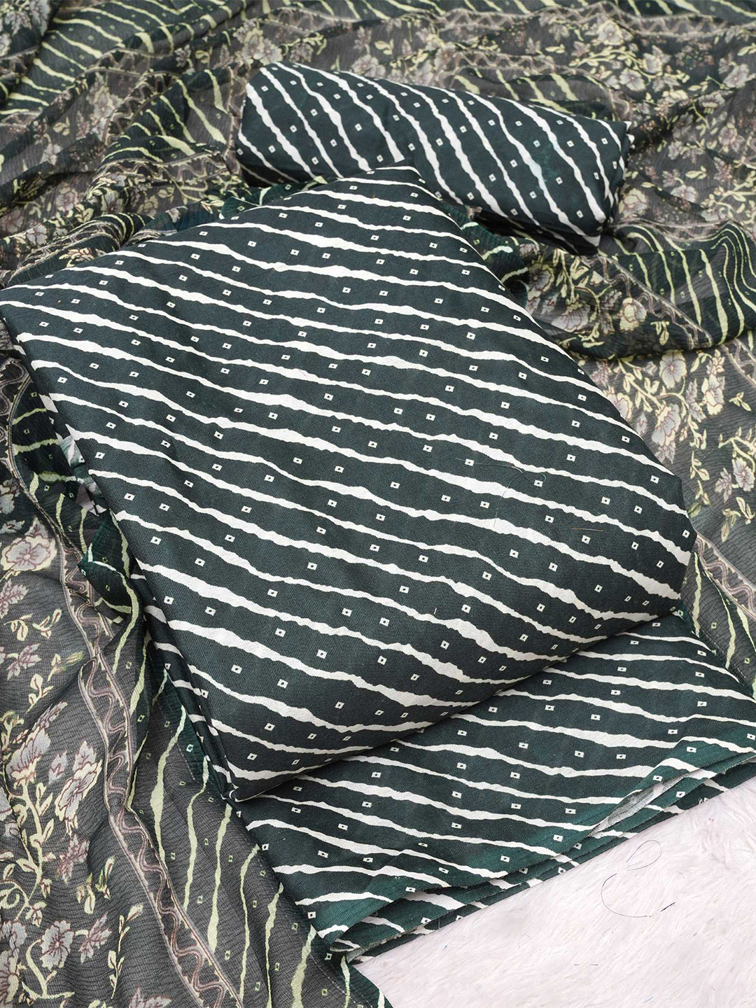 

KALINI Leheriya Printed Art Silk Unstitched Dress Material, Green
