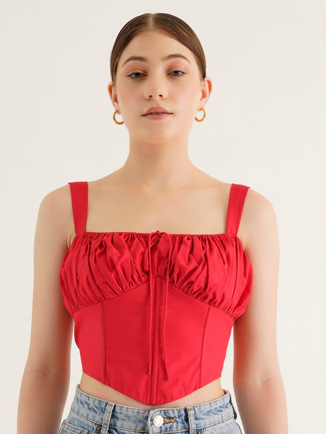 

Ipso Facto Shoulder Straps Cotton Crop Fitted Top, Red
