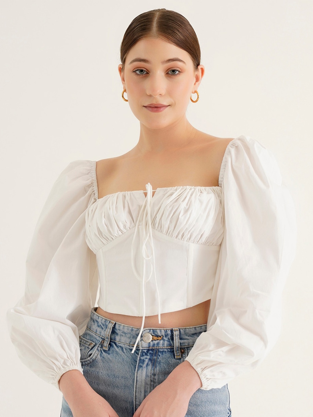 

Ipso Facto Puff Sleeves Cotton Crop Fitted Top, White