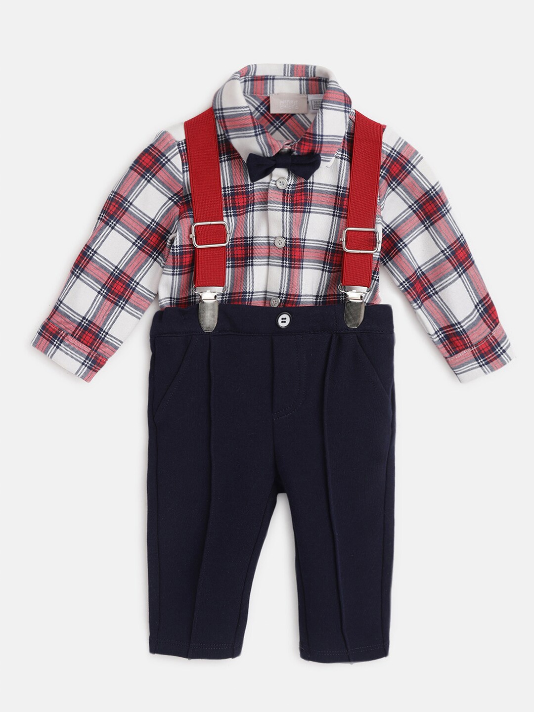 

Chicco Boys Shirt Collar Checked Printed Shirt & Trousers With Suspenders, Blue