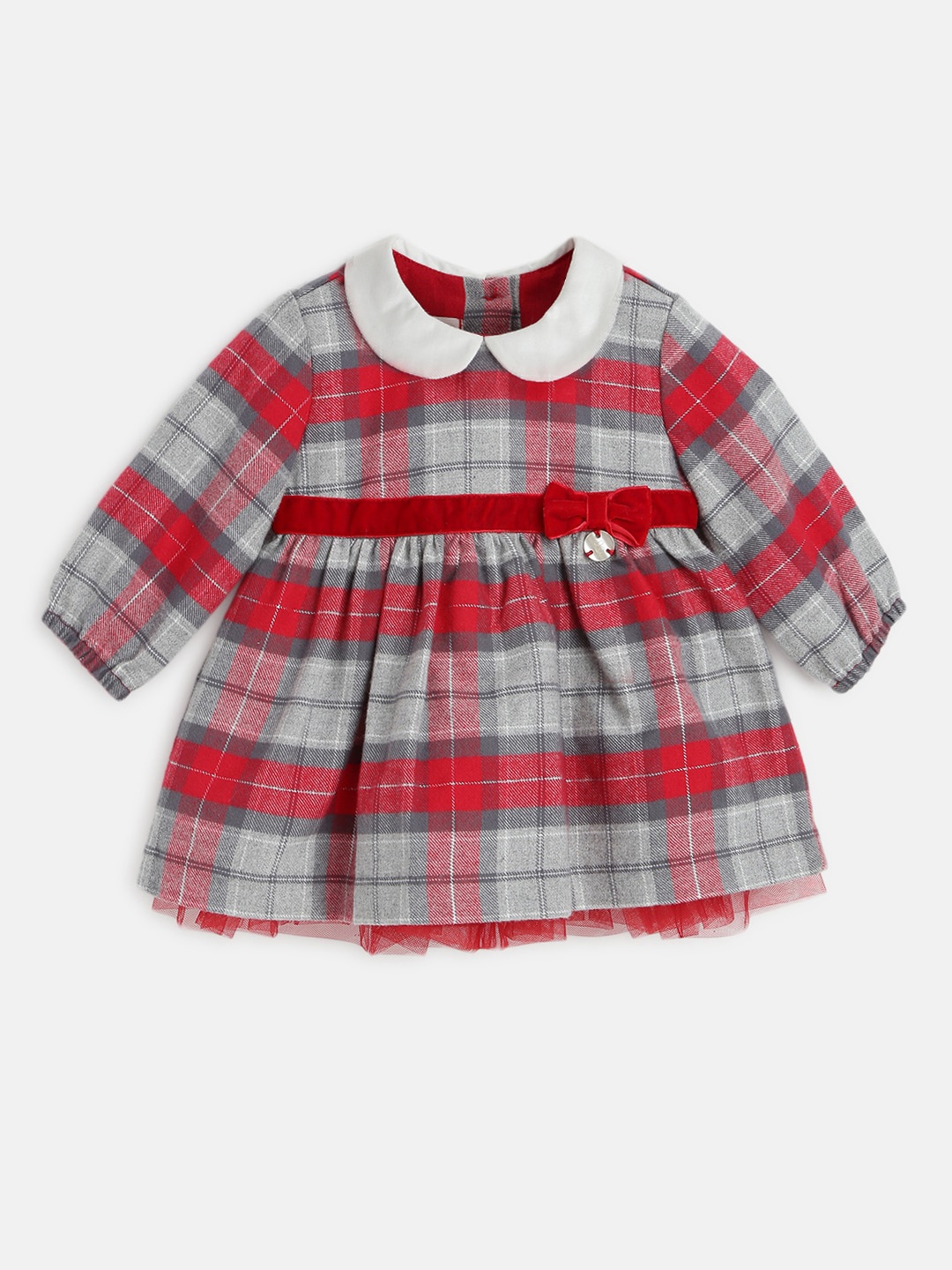 

Chicco Infant Girls Checked Cotton Peter Pan Collar Puff Sleeve A-Line Dress, Red