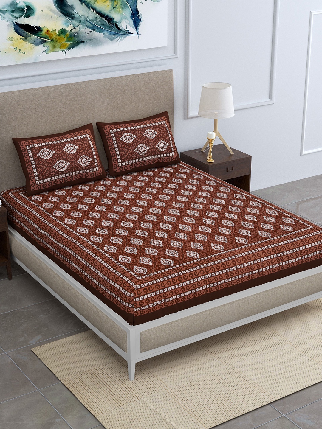 

SheetKart Brown & White Ethnic Motifs Cotton 144 TC Queen Bedsheet With 2 Pillow Covers