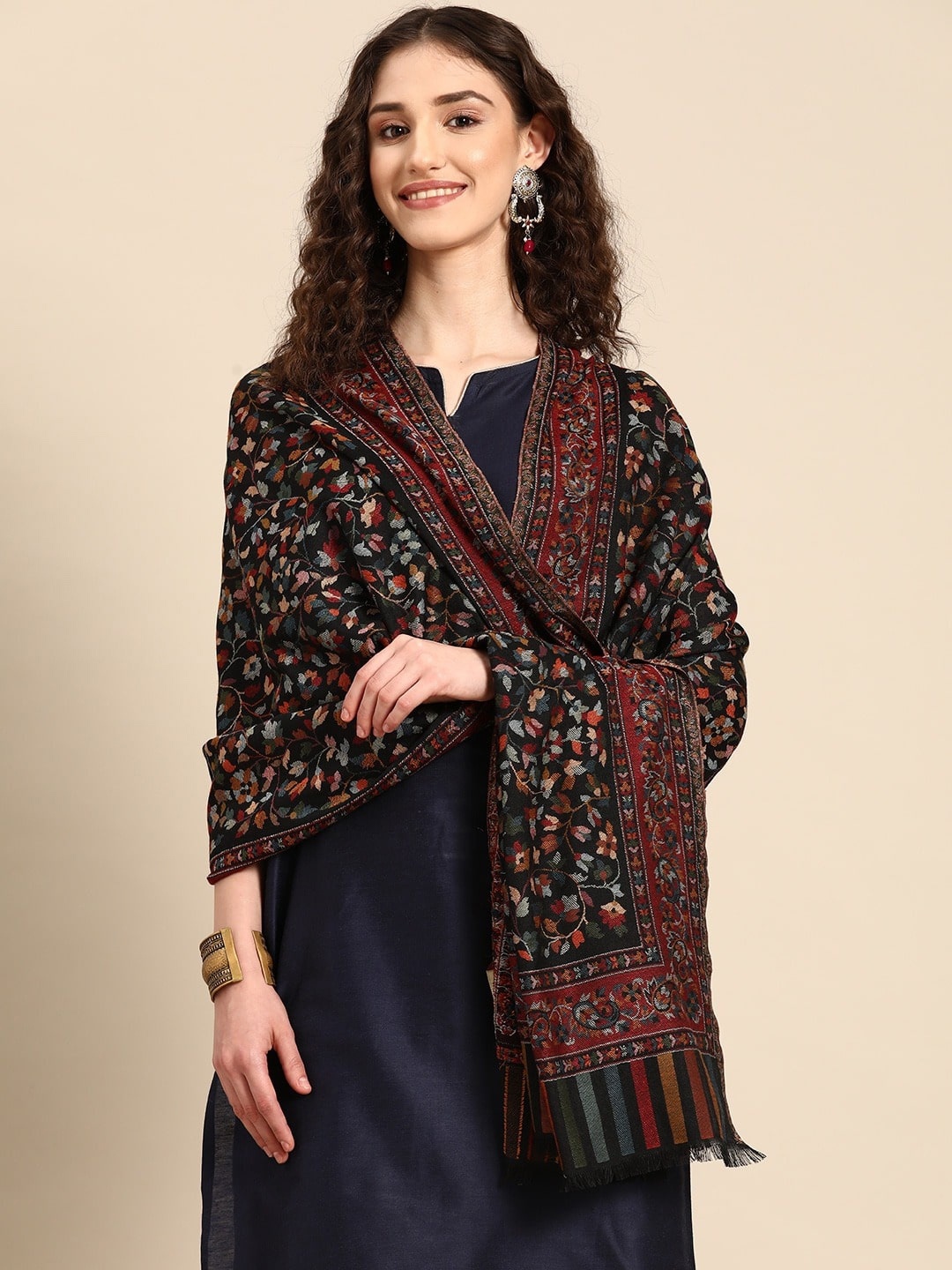 

Sangria Ethnic Motif Woollen Fringed Stole, Black