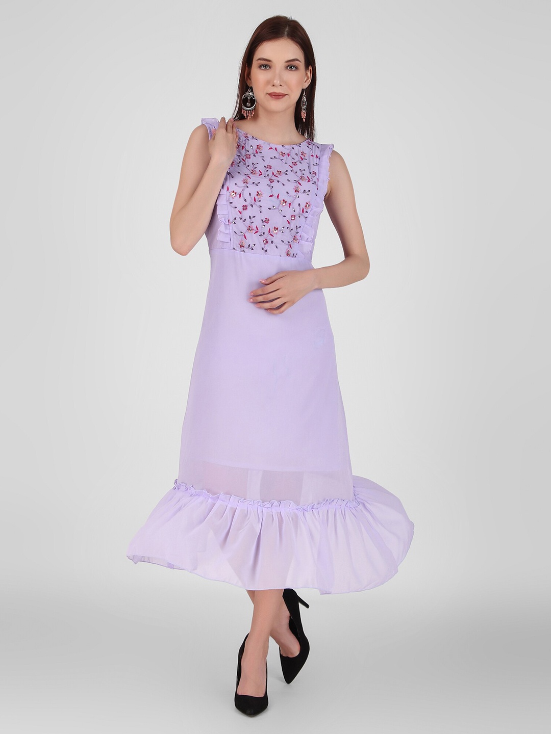 

FNOCKS Floral Embroidered Ruffled Georgette A-Line Midi Dress, Purple