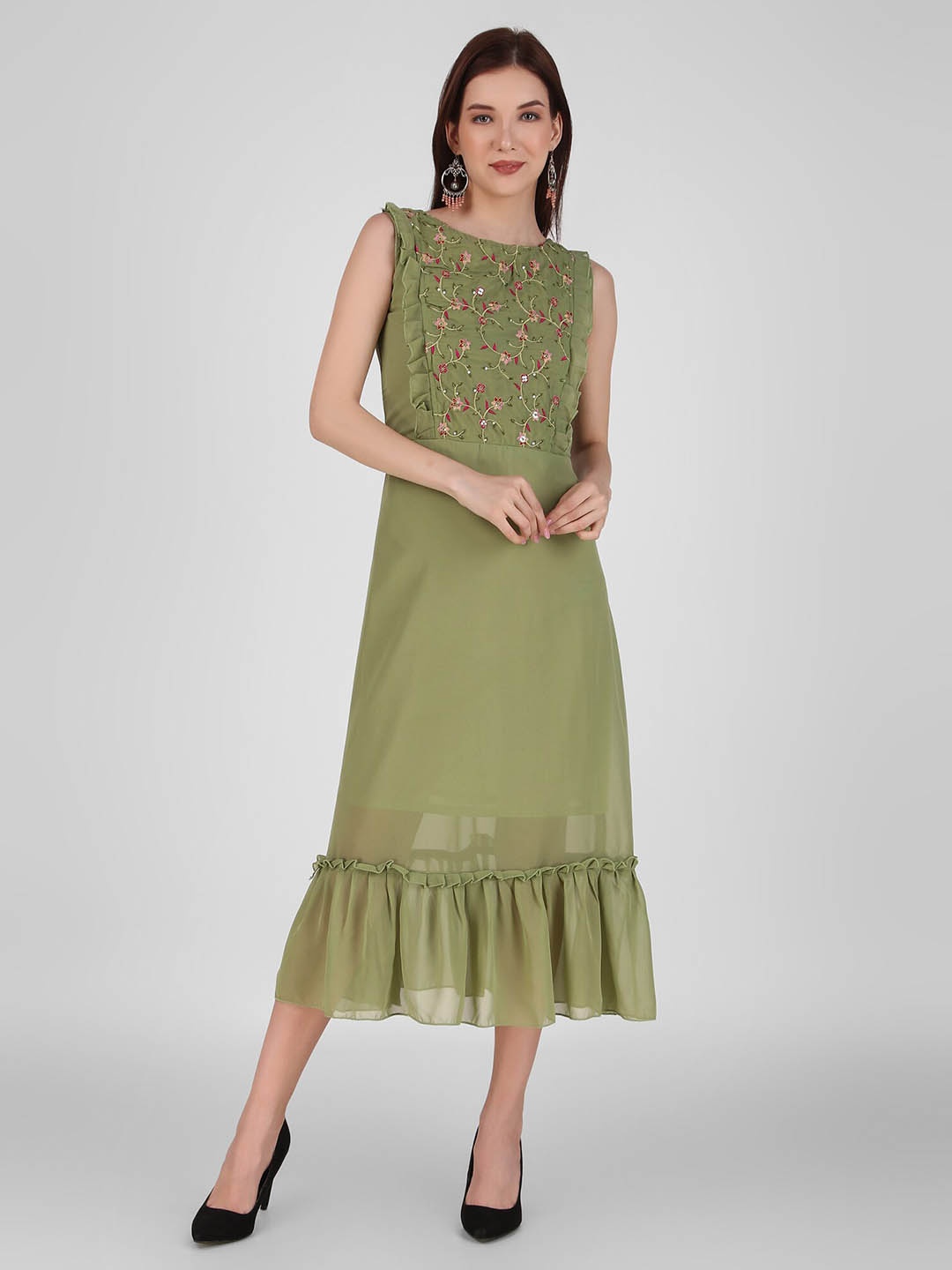 

FNOCKS Floral Embroidered Ruffled Georgette A-Line Midi Dress, Lime green