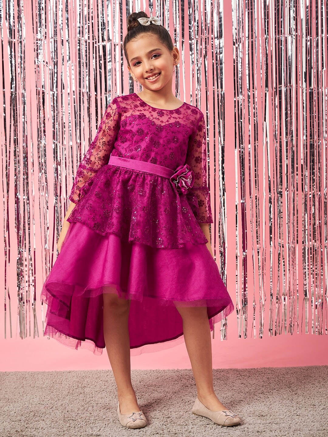 

pspeaches Girls Floral Embroidered Lace High-Low Fit & Flare Party Dress, Purple