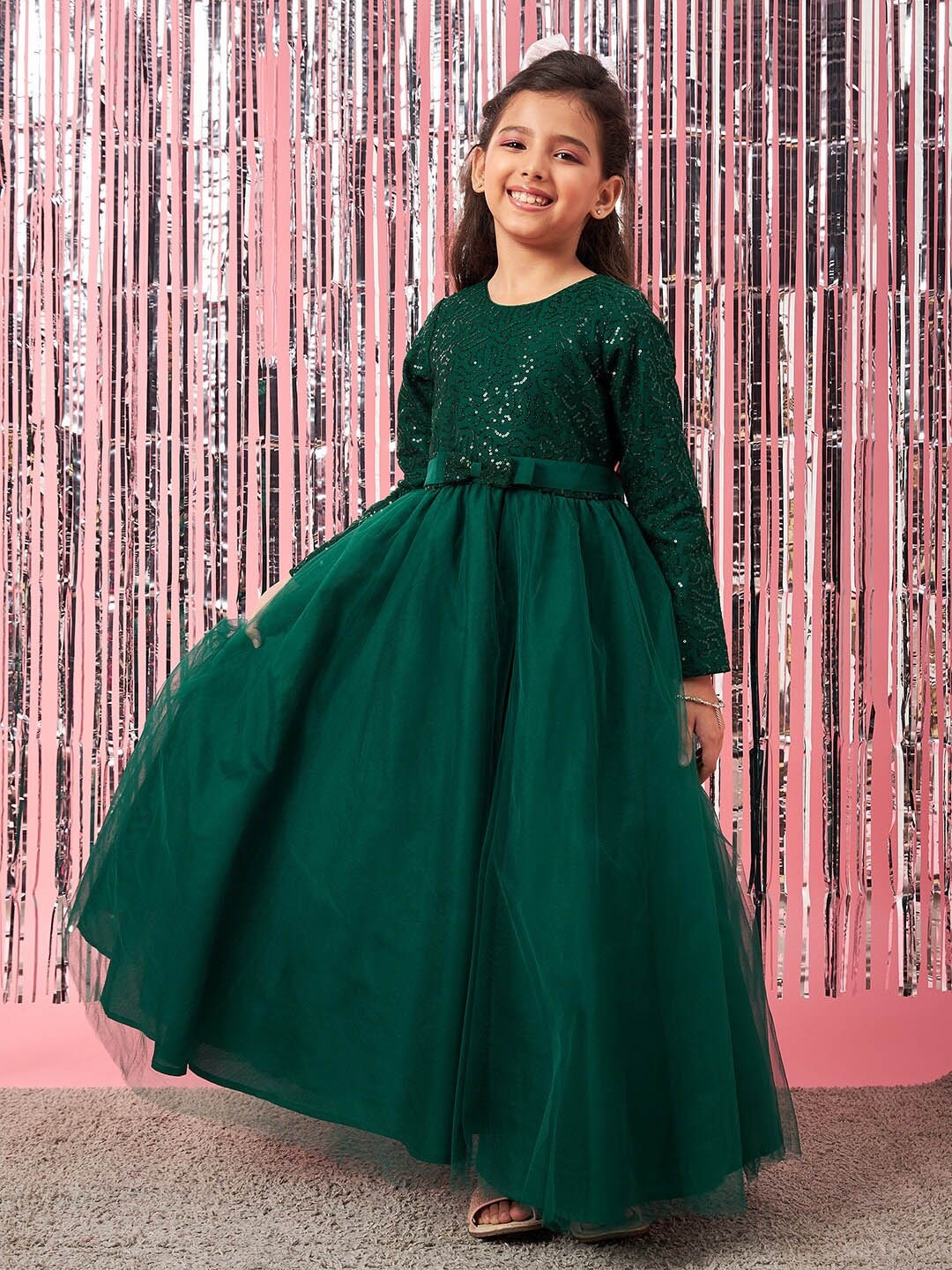 

pspeaches Girls Embellished Sequinned Fit & Flare Lace Maxi Dress, Green