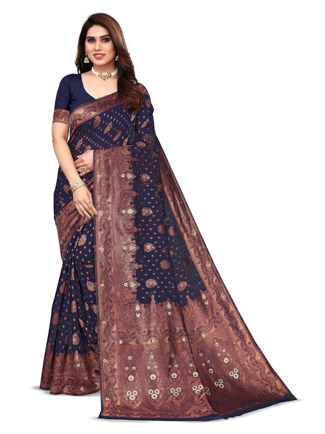 

Varanga Ethnic Motifs Woven Design Zari Banarasi Saree, Navy blue