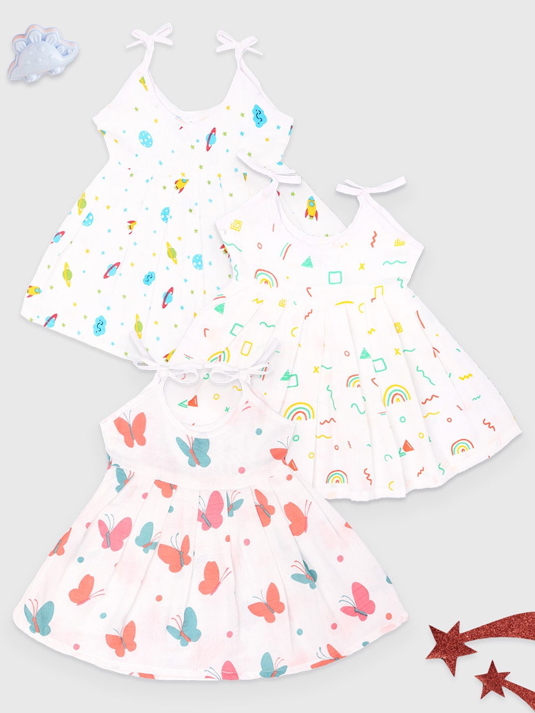 

Kidbea Pack of 3 Girls Conversational Printed Shoulder Straps A-Line Dress, White