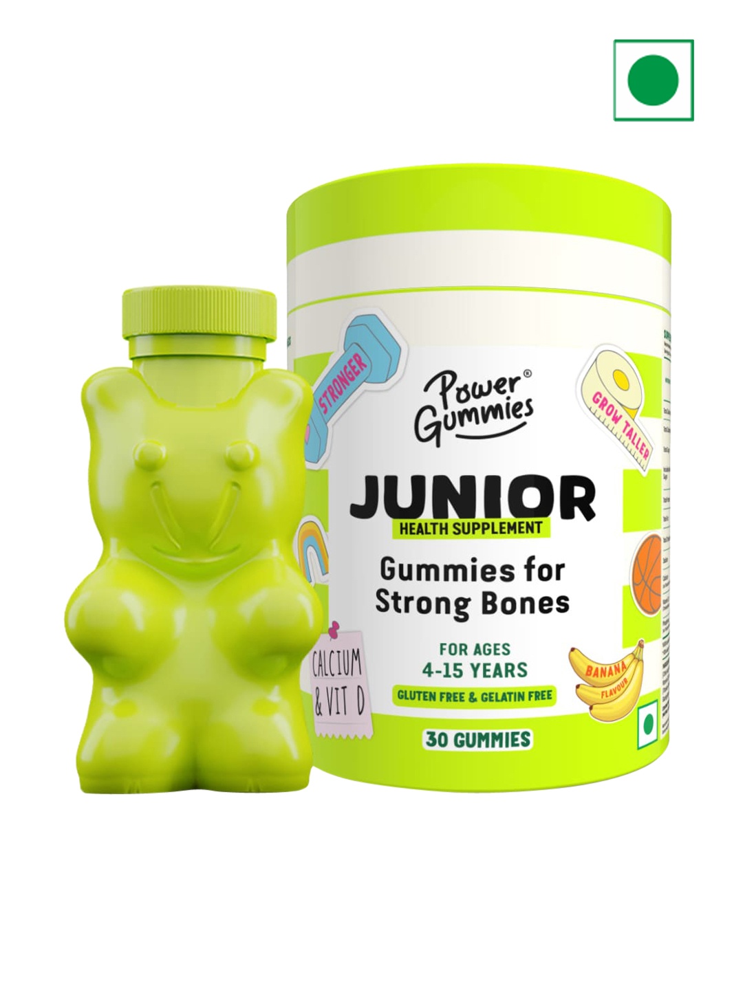 

Power Gummies Banana Flavoured Junior Calcium Gummies for Strong Bones - 30 Gummies, Green