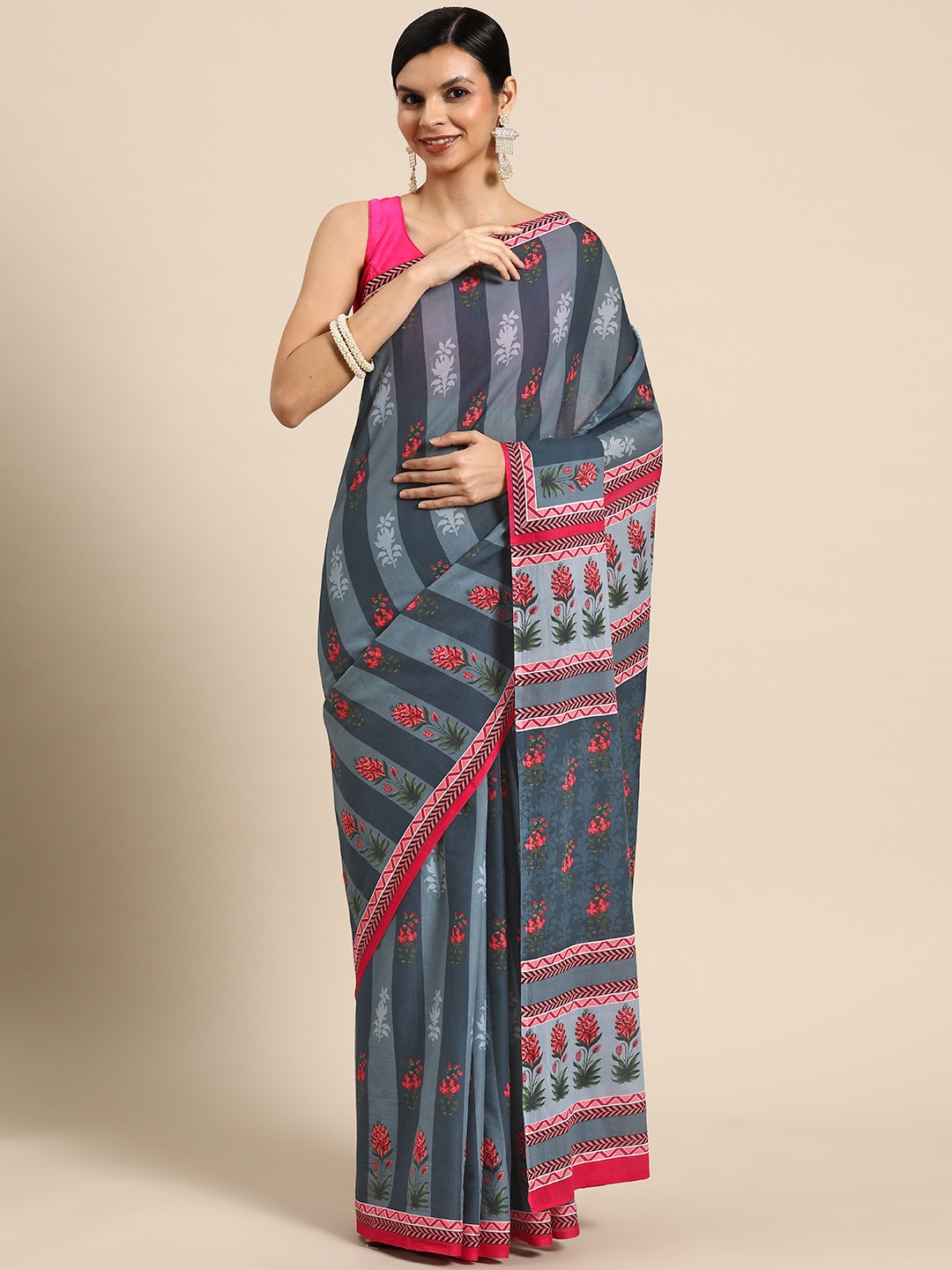 

BUTA BUTI Floral Printed Pure Cotton Saree, Blue