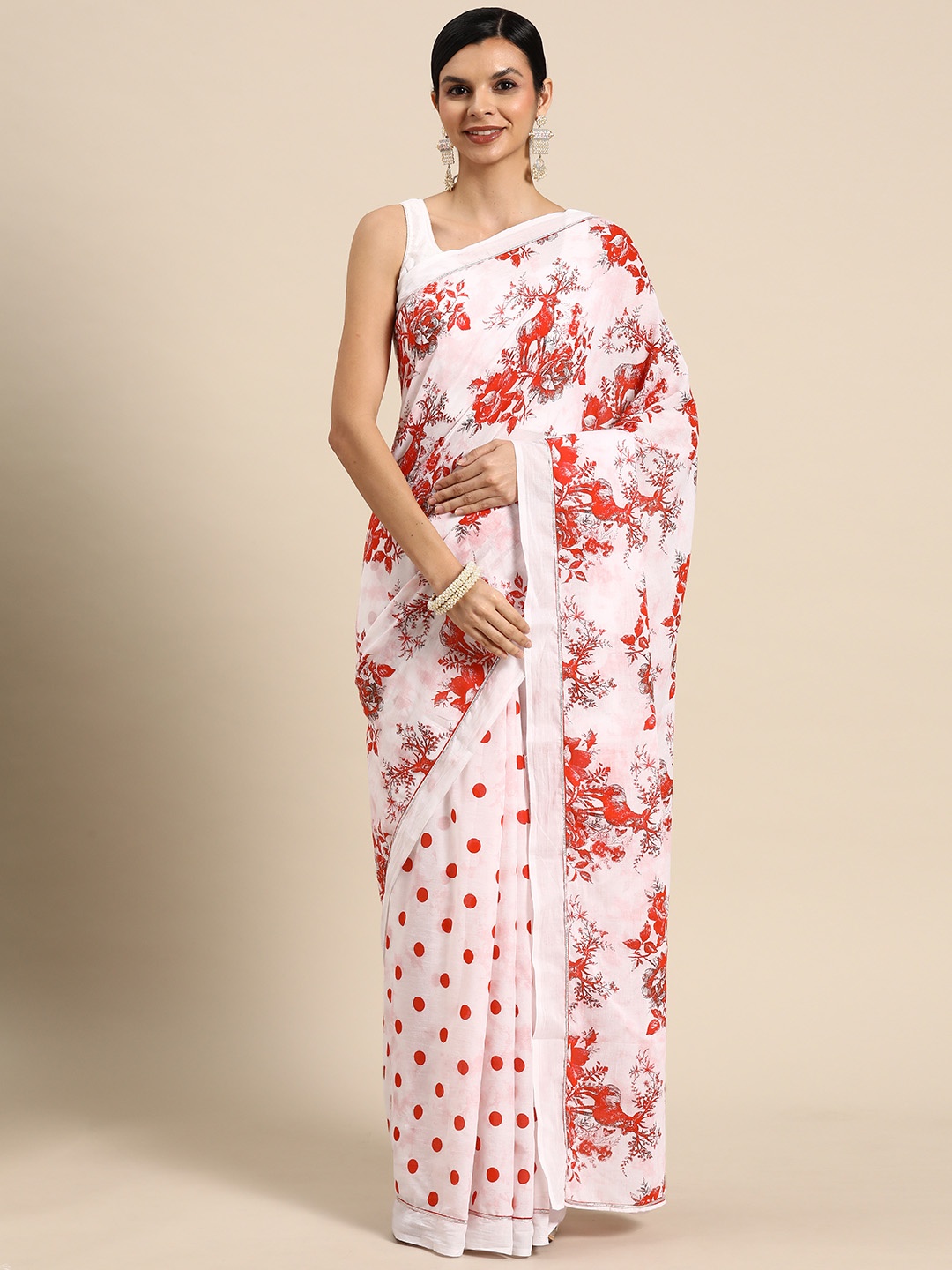 

BUTA BUTI Floral Printed Pure Cotton Saree, Red