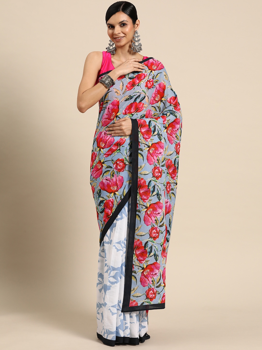 

BUTA BUTI Floral Printed Pure Cotton Saree, Blue