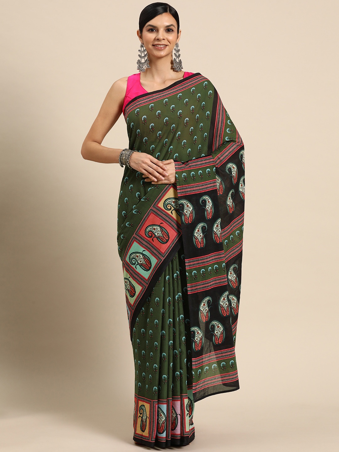 

BUTA BUTI Floral Printed Pure Cotton Saree, Green