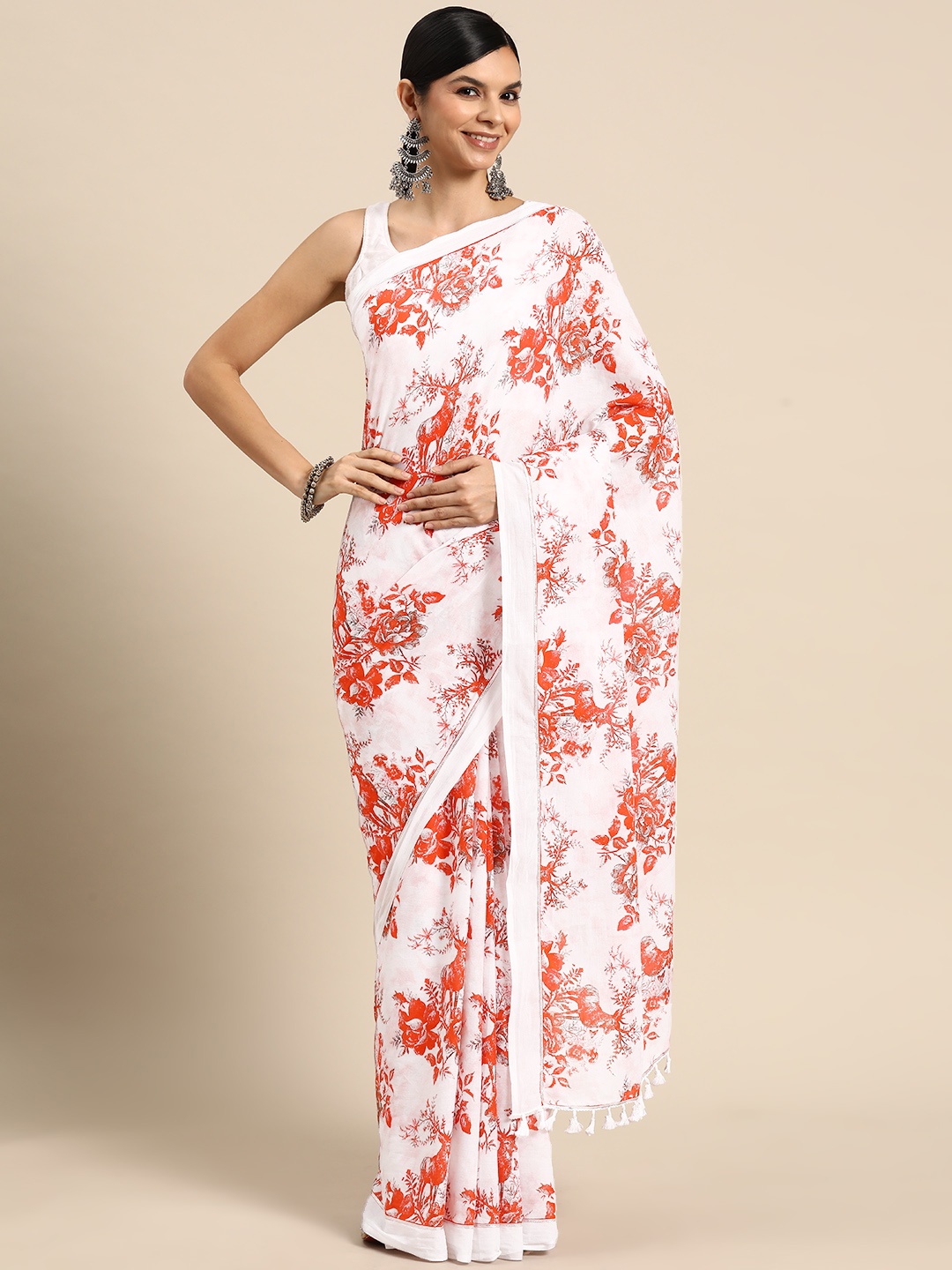 

BUTA BUTI Floral Printed Pure Cotton Saree, Red