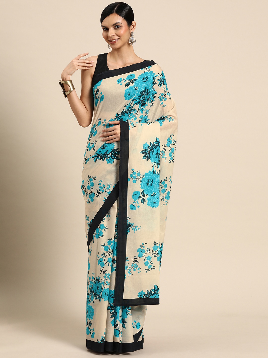 

BUTA BUTI Floral Pure Cotton Saree, Beige