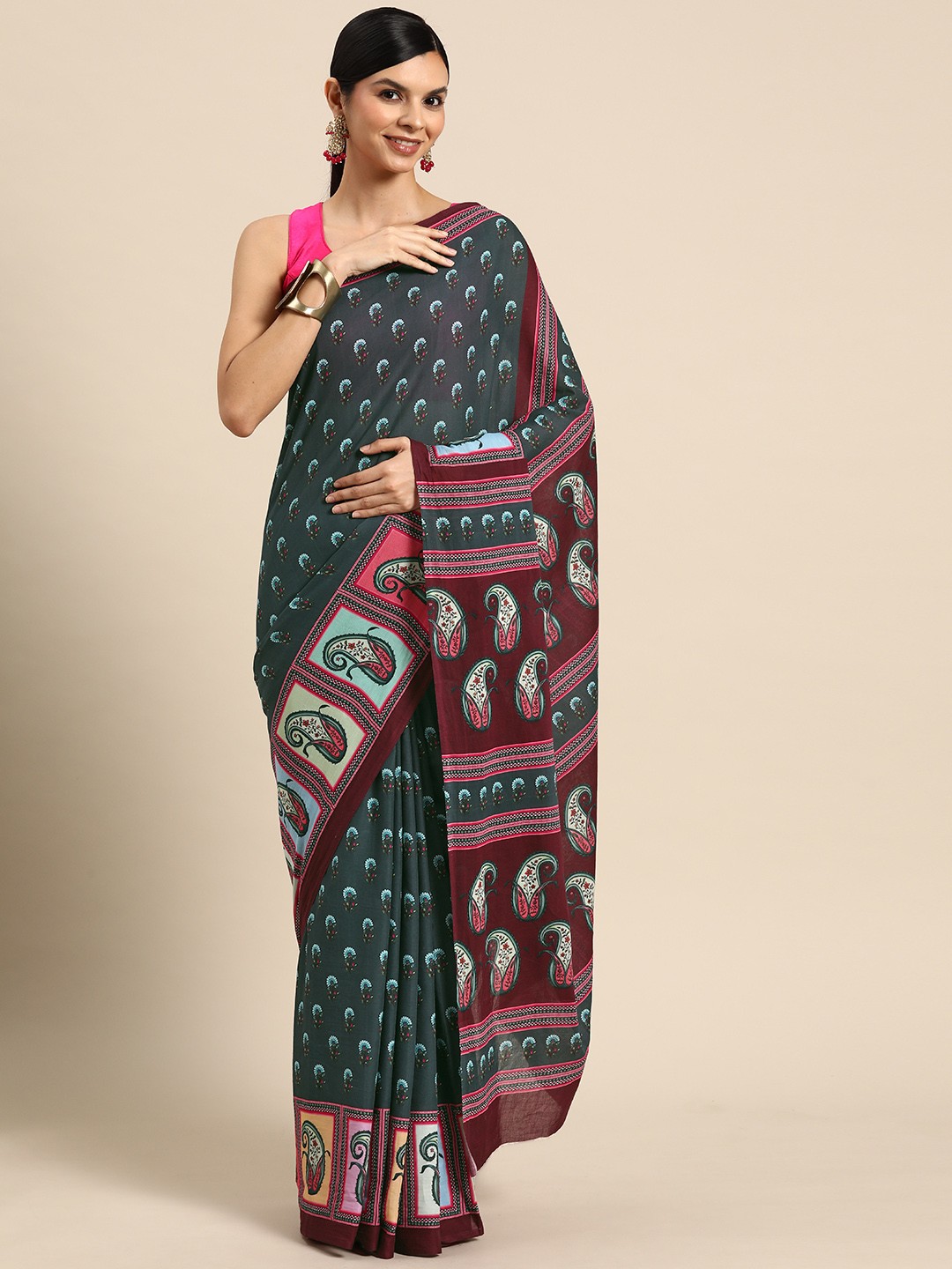 

BUTA BUTI Ethnic Motifs Pure Cotton Saree, Teal