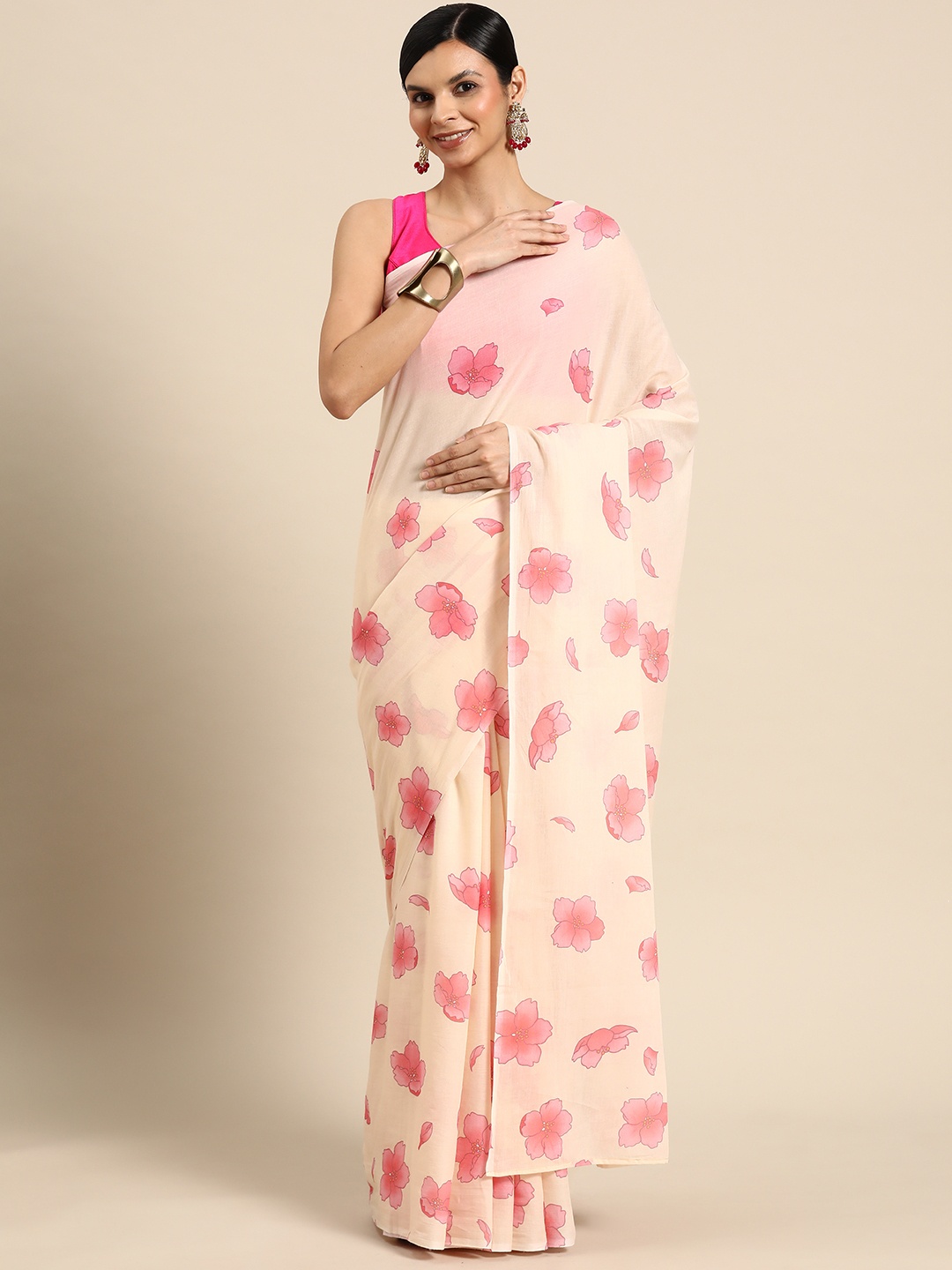 

BUTA BUTI Floral Printed Pure Cotton Saree, Cream